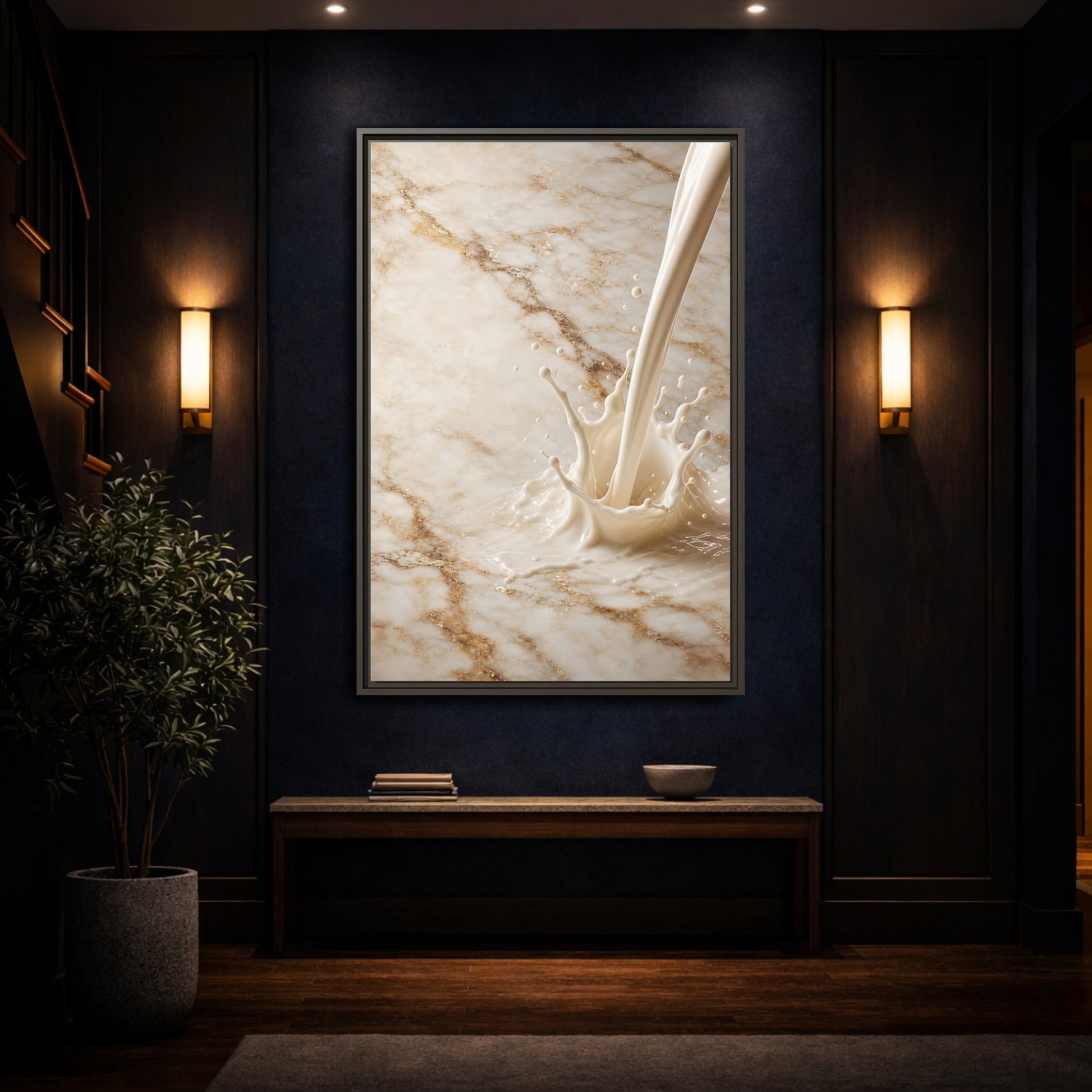 Abstract Liquid Splash Cream Gold Framed Canvas Wall Art - Living Room Above Console Table and shown as canvas wall art