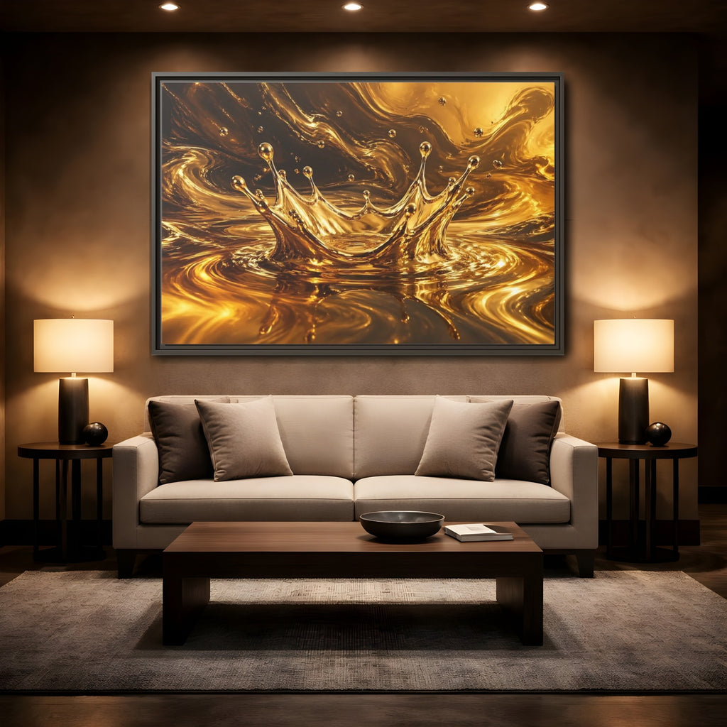 Mockup 2. Abstract Liquid Splash Gold And Black shown as stretched canvas wall art