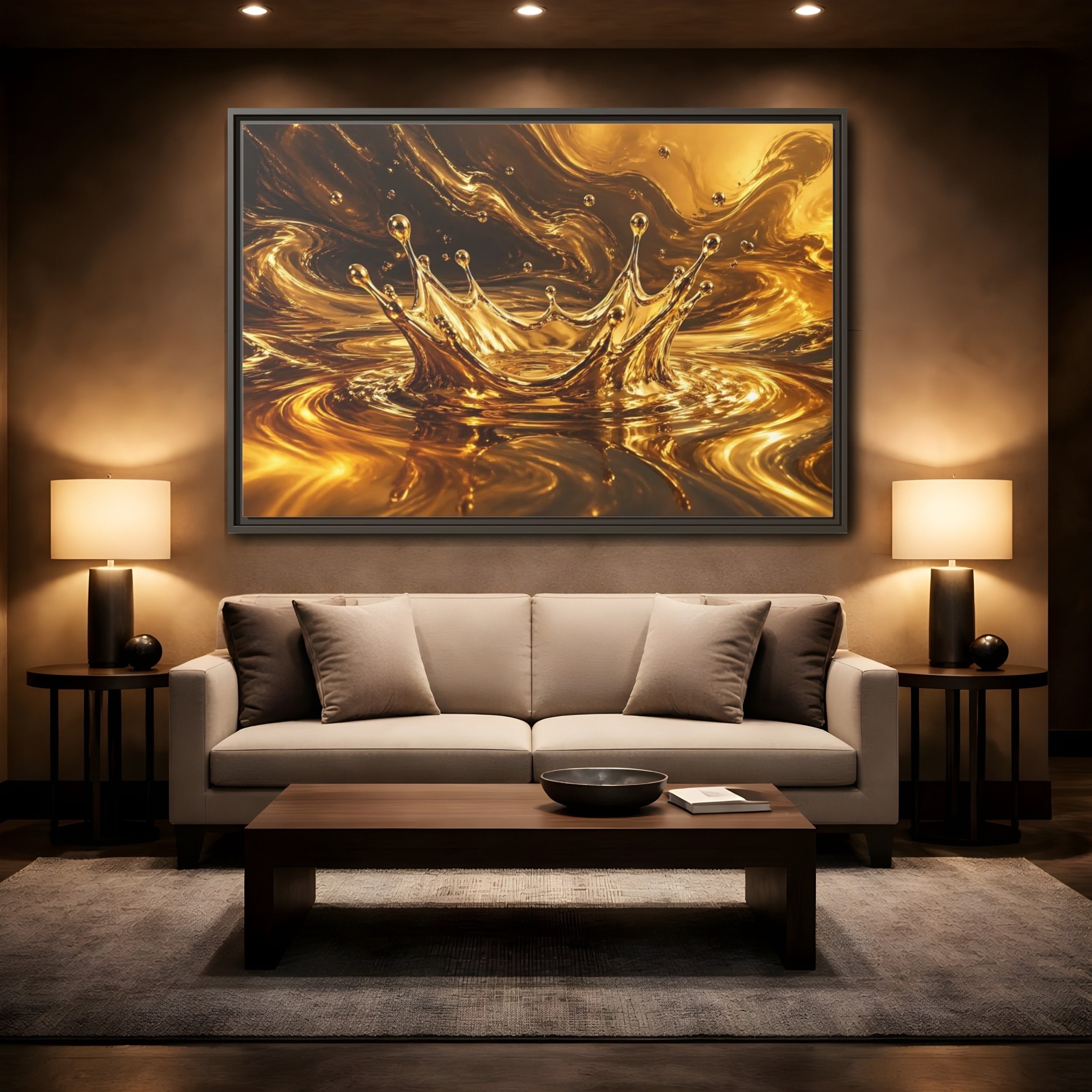 Mockup 2. Abstract Liquid Splash Gold And Black shown as stretched canvas wall art