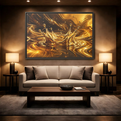 Mockup 2. Abstract Liquid Splash Gold And Black shown as stretched canvas wall art