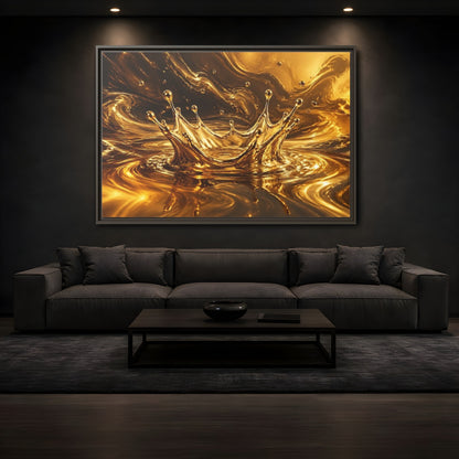 Mockup 3. Abstract Liquid Splash Gold And Black shown as stretched canvas wall art