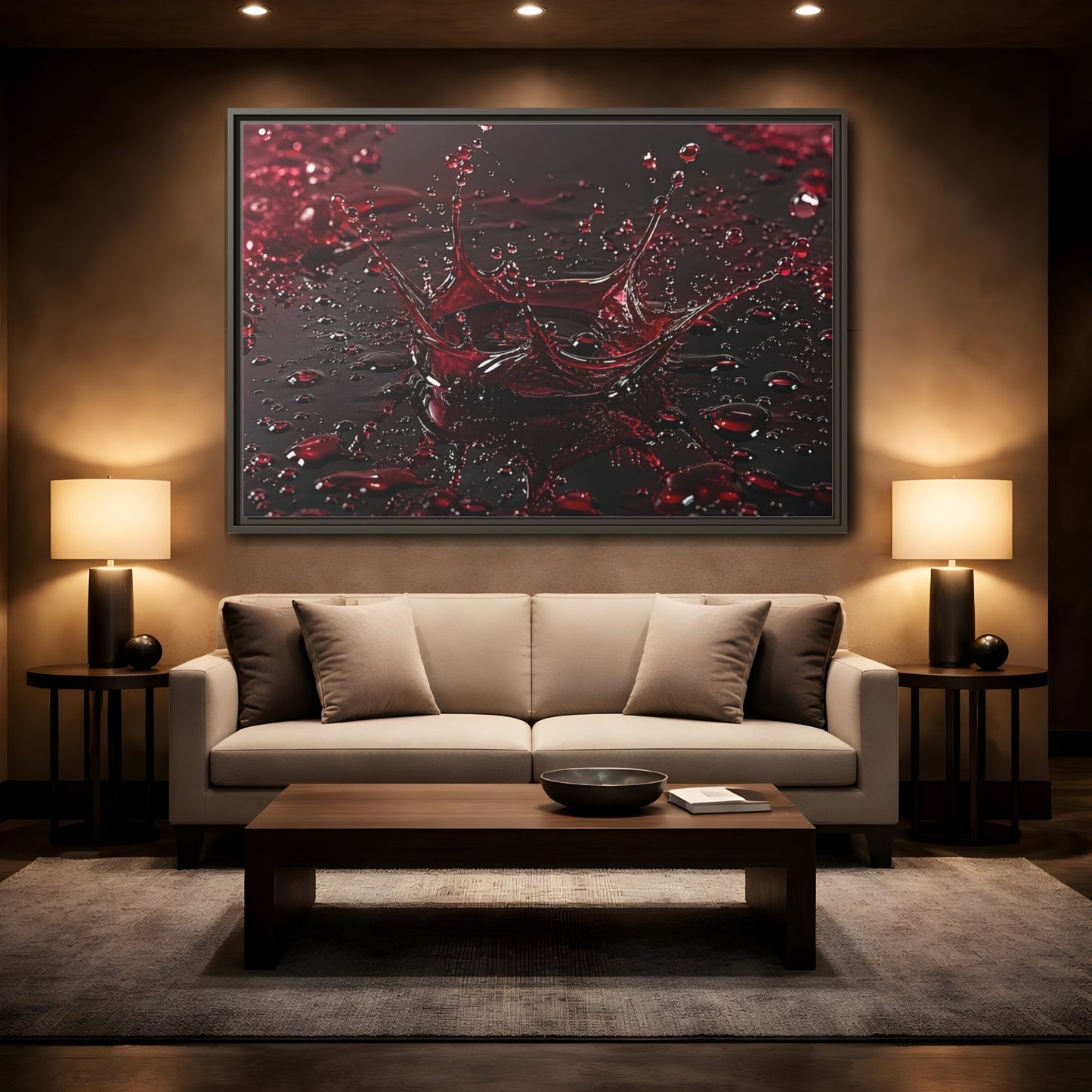 Mockup 2. Abstract Liquid Splash Red Splash Art shown as stretched canvas wall art