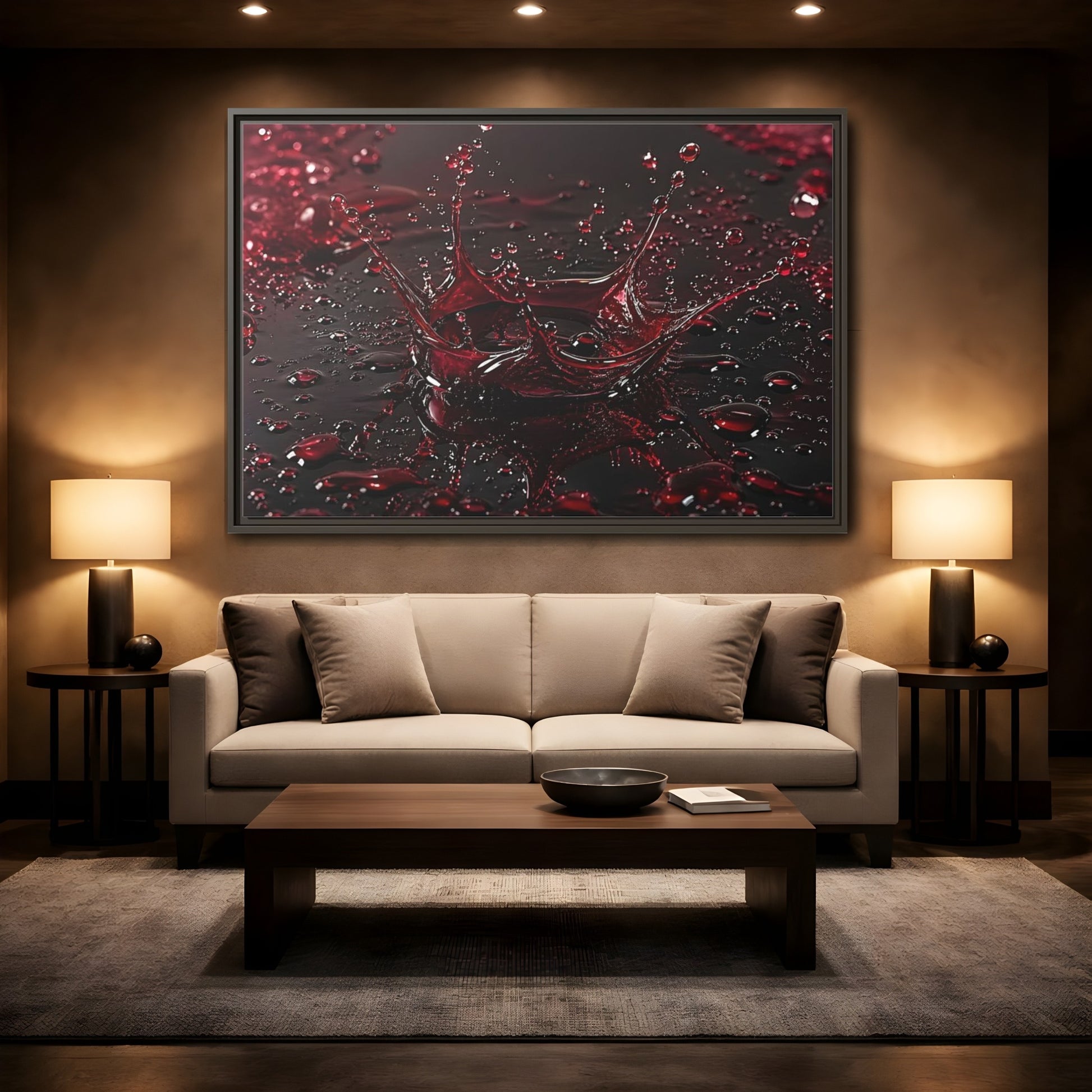 Mockup 2. Abstract Liquid Splash Red Splash Art shown as stretched canvas wall art