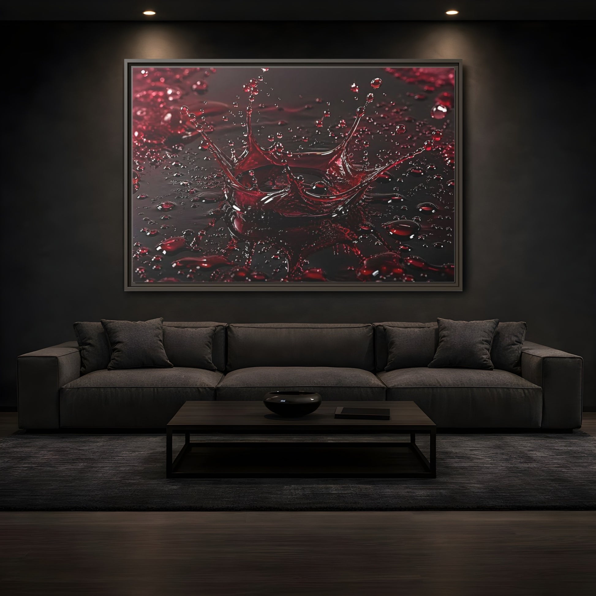 Mockup 3. Abstract Liquid Splash Red Splash Art shown as stretched canvas wall art