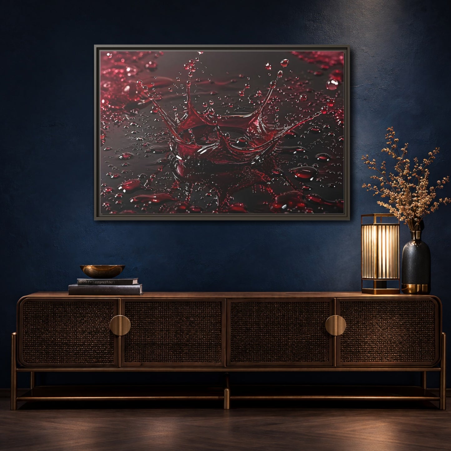 Mockup 4. Abstract Liquid Splash Red Splash Art shown as stretched canvas wall art
