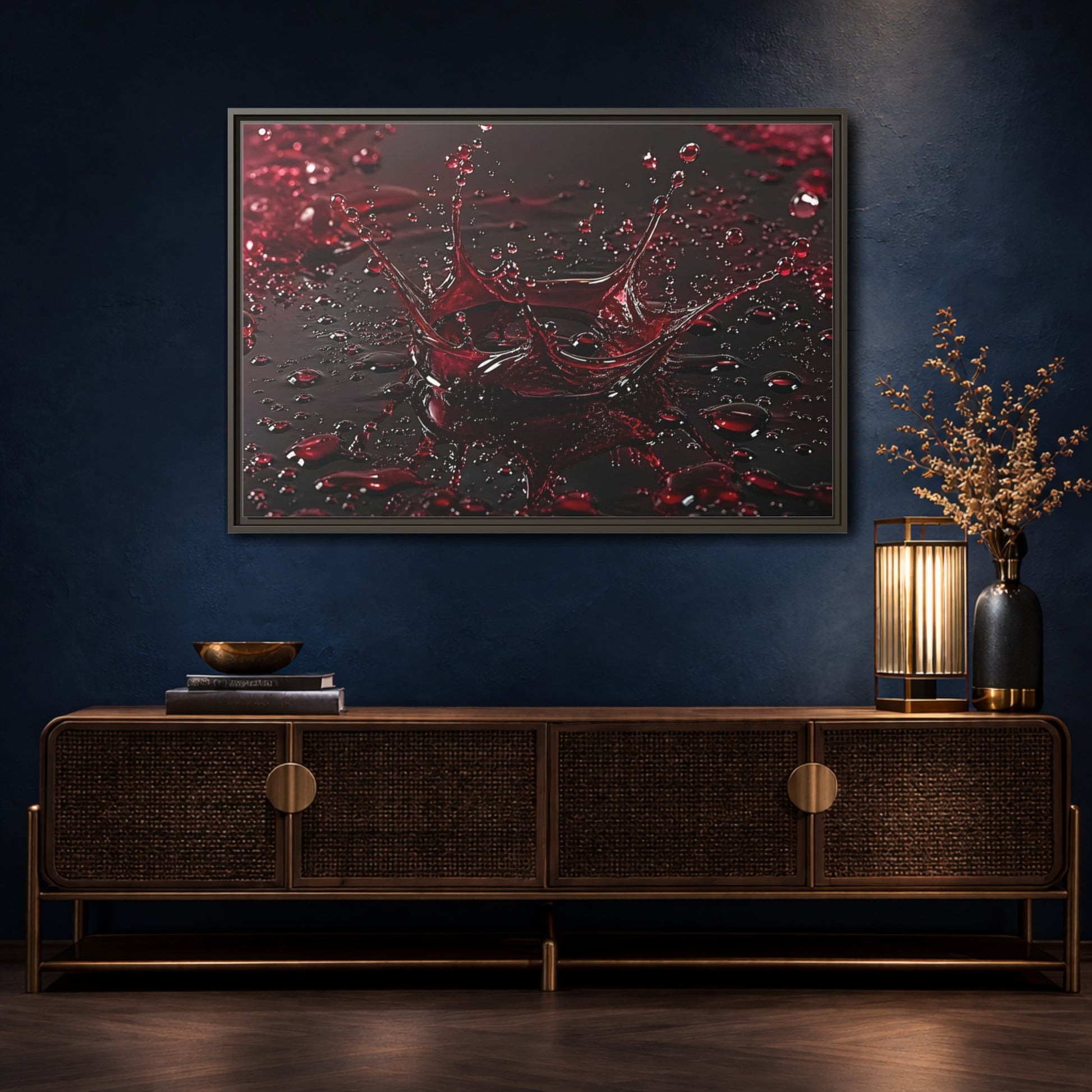 Mockup 4. Abstract Liquid Splash Red Splash Art shown as stretched canvas wall art
