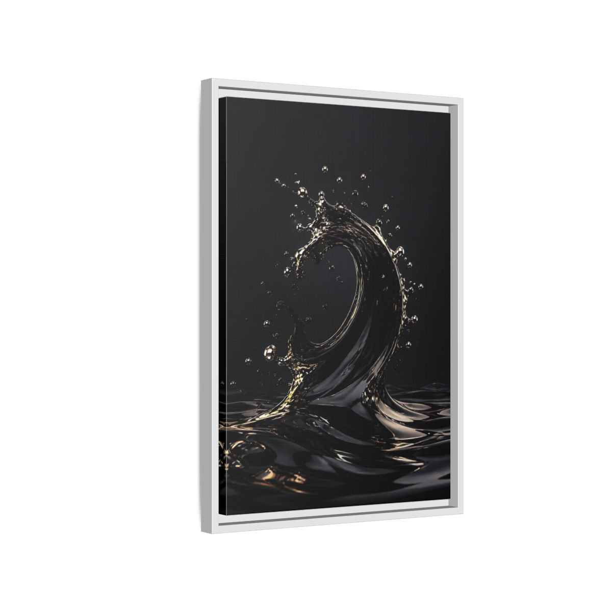 Side Mockup 1. Abstract Liquid Wave Black And Gold shown as stretched canvas wall art
