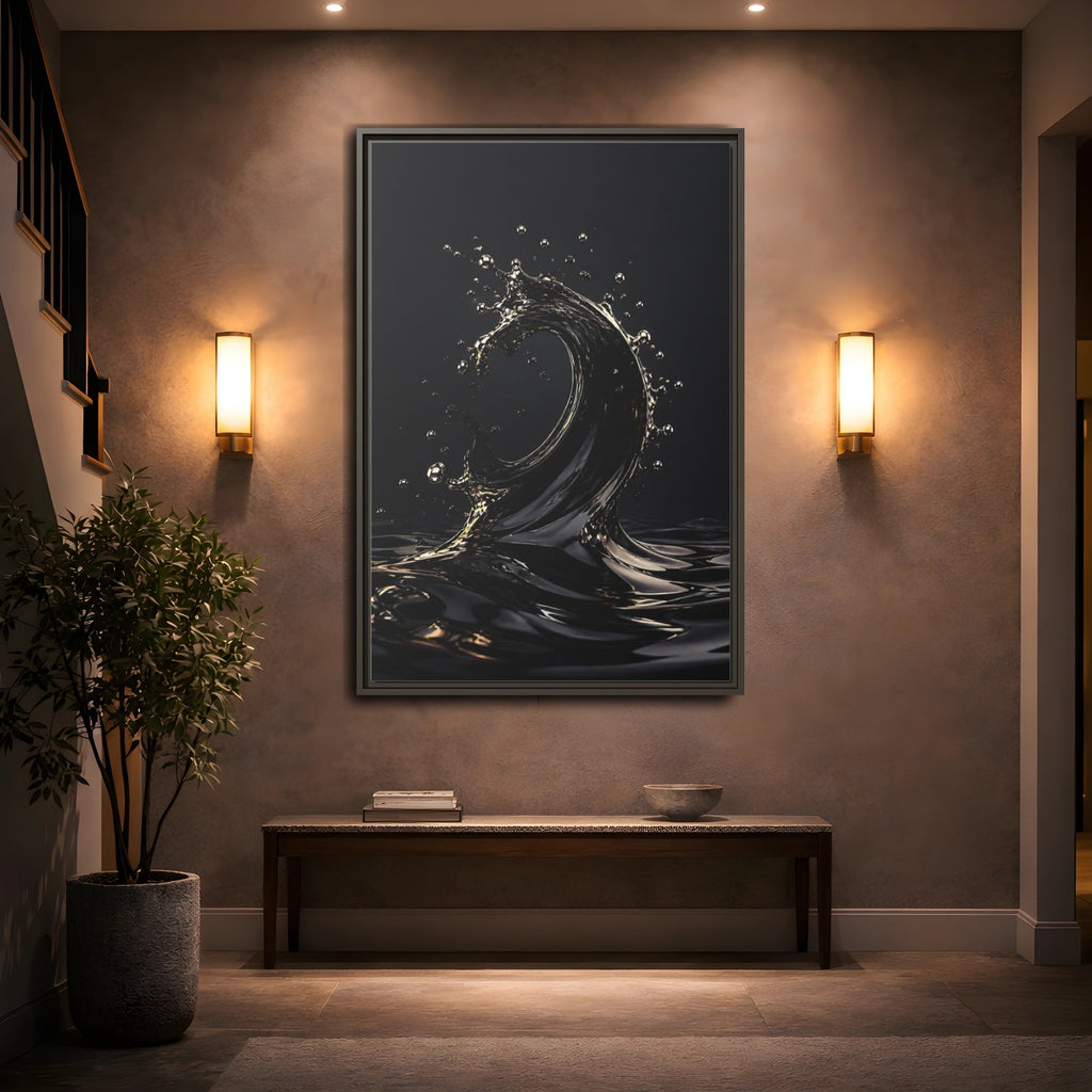 Mockup 2. Abstract Liquid Wave Black And Gold shown as stretched canvas wall art