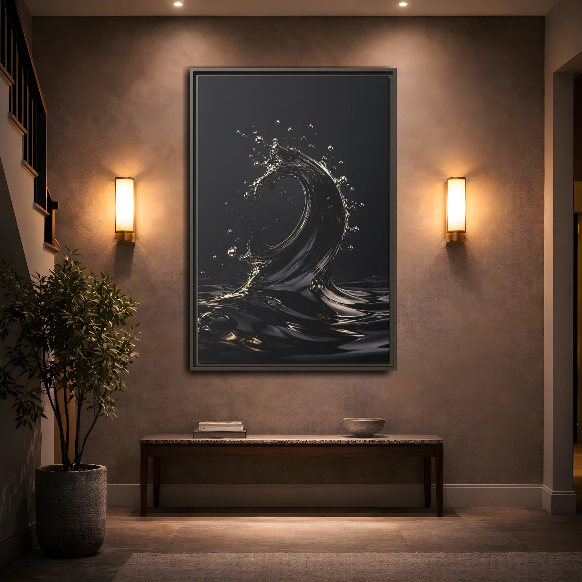 Mockup 2. Abstract Liquid Wave Black And Gold shown as stretched canvas wall art