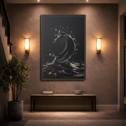 Mockup 2. Abstract Liquid Wave Black And Gold shown as stretched canvas wall art