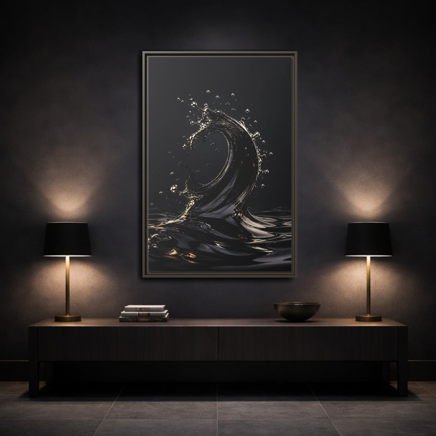 Mockup 3. Abstract Liquid Wave Black And Gold shown as stretched canvas wall art