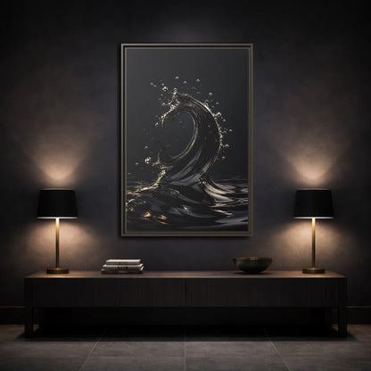 Mockup 3. Abstract Liquid Wave Black And Gold shown as stretched canvas wall art
