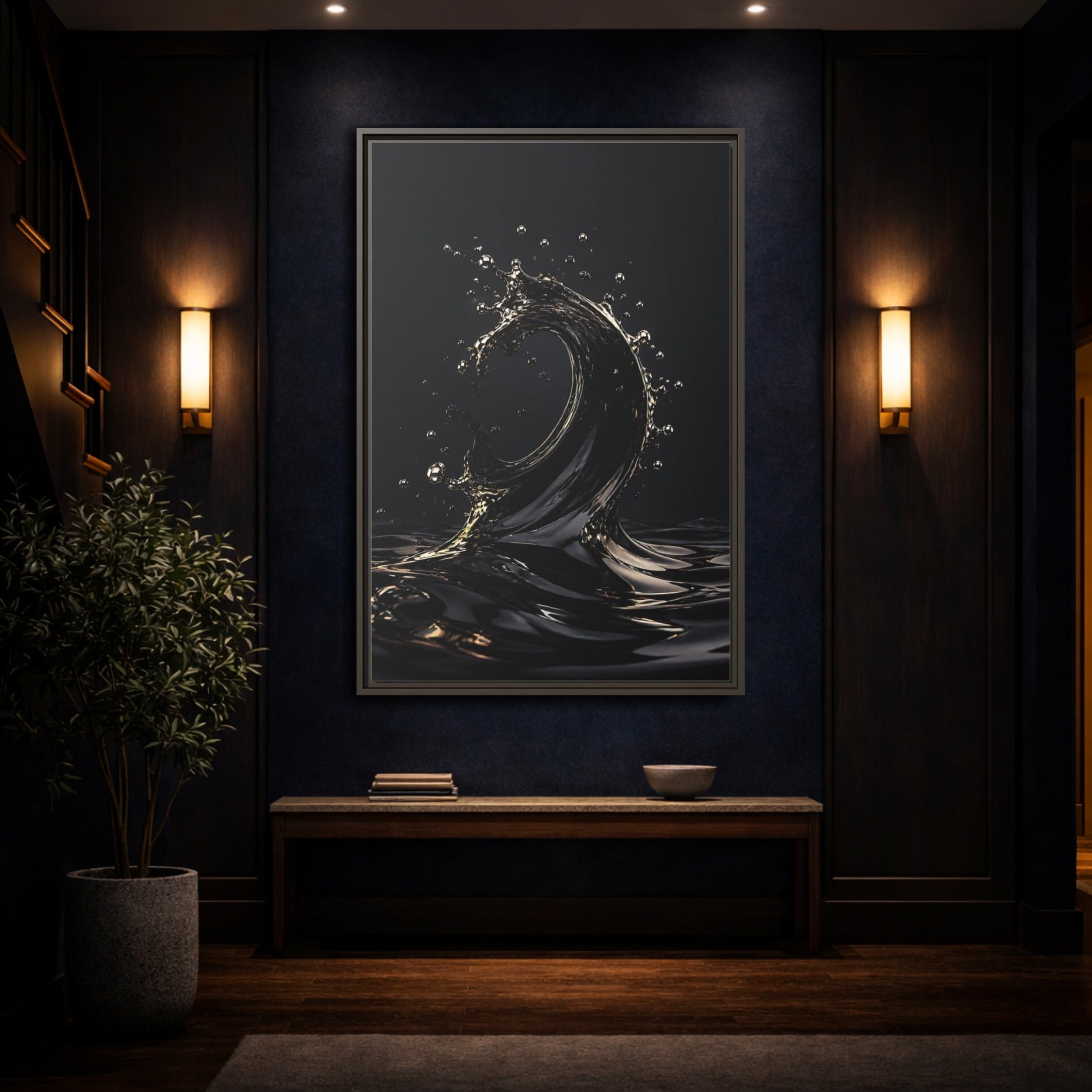 Mockup 4. Abstract Liquid Wave Black And Gold shown as stretched canvas wall art