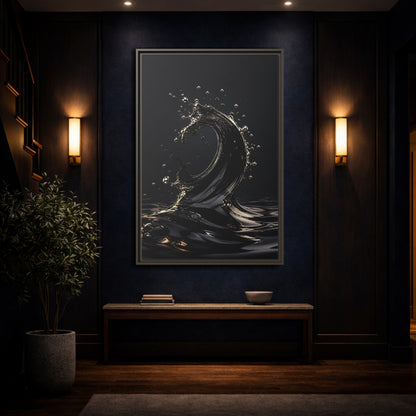 Mockup 4. Abstract Liquid Wave Black And Gold shown as stretched canvas wall art