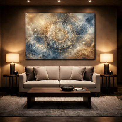 Mockup 2. Abstract Lotus Mandala shown as canvas print