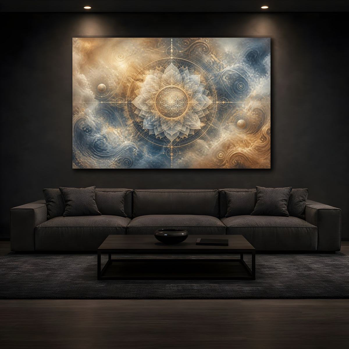 Mockup 3. Abstract Lotus Mandala shown as canvas print