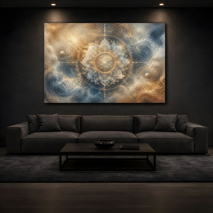 Mockup 3. Abstract Lotus Mandala shown as canvas print