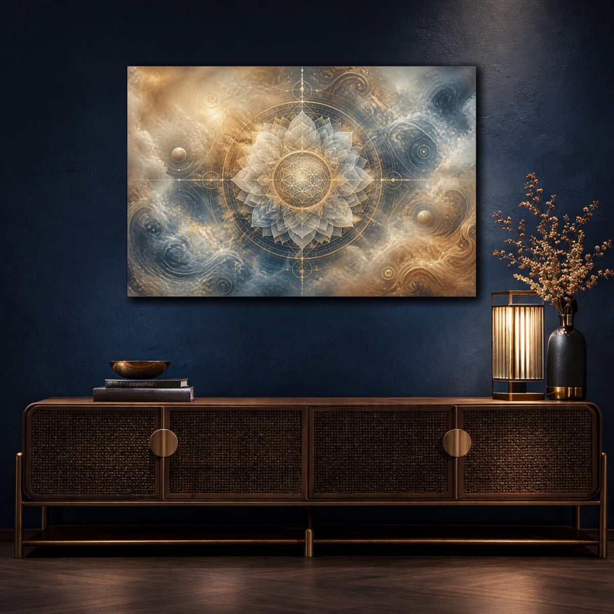 Mockup 4. Abstract Lotus Mandala shown as canvas print