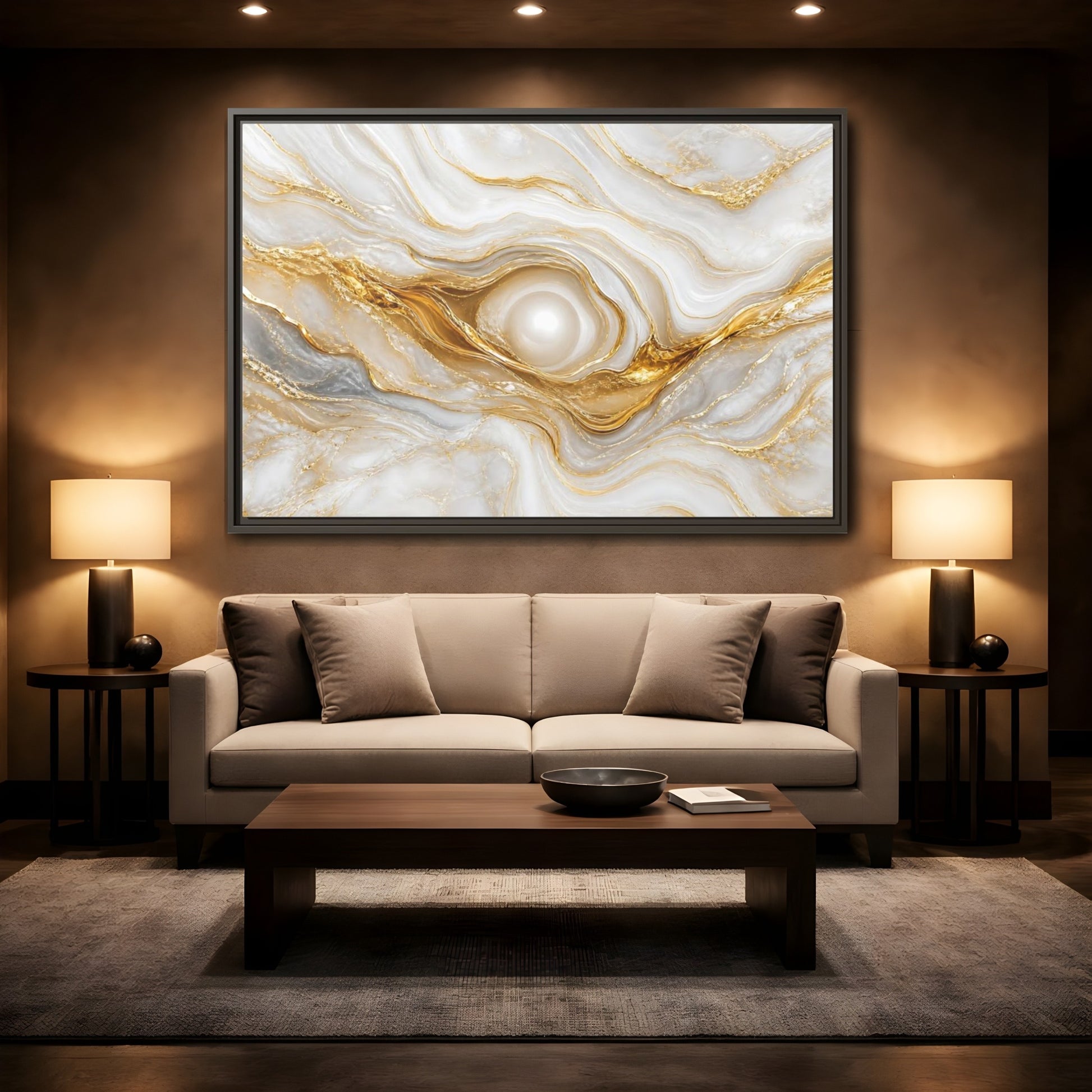 Mockup 2. Abstract Marble Abstract White Gold Abstract shown as stretched canvas wall art