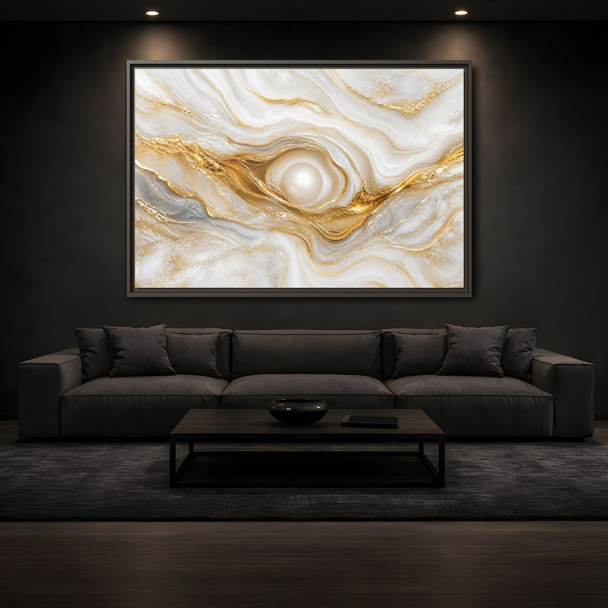 Mockup 3. Abstract Marble Abstract White Gold Abstract shown as stretched canvas wall art