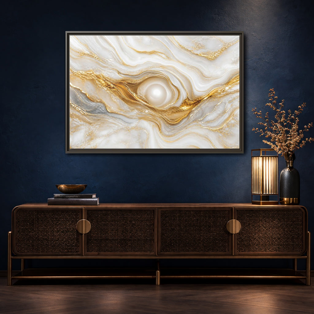 Mockup 4. Abstract Marble Abstract White Gold Abstract shown as stretched canvas wall art