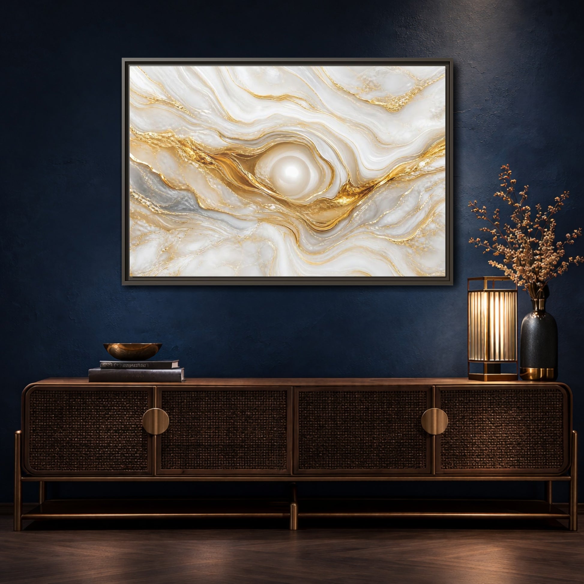 Mockup 4. Abstract Marble Abstract White Gold Abstract shown as stretched canvas wall art