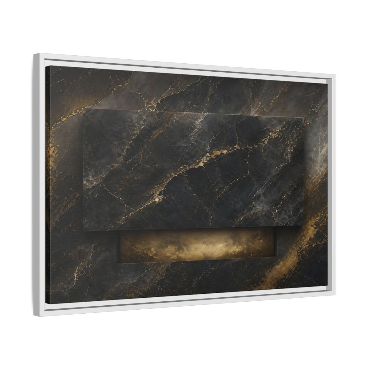 Side Mockup 10. Abstract Marble Black And Gold Marble shown as stretched canvas wall art