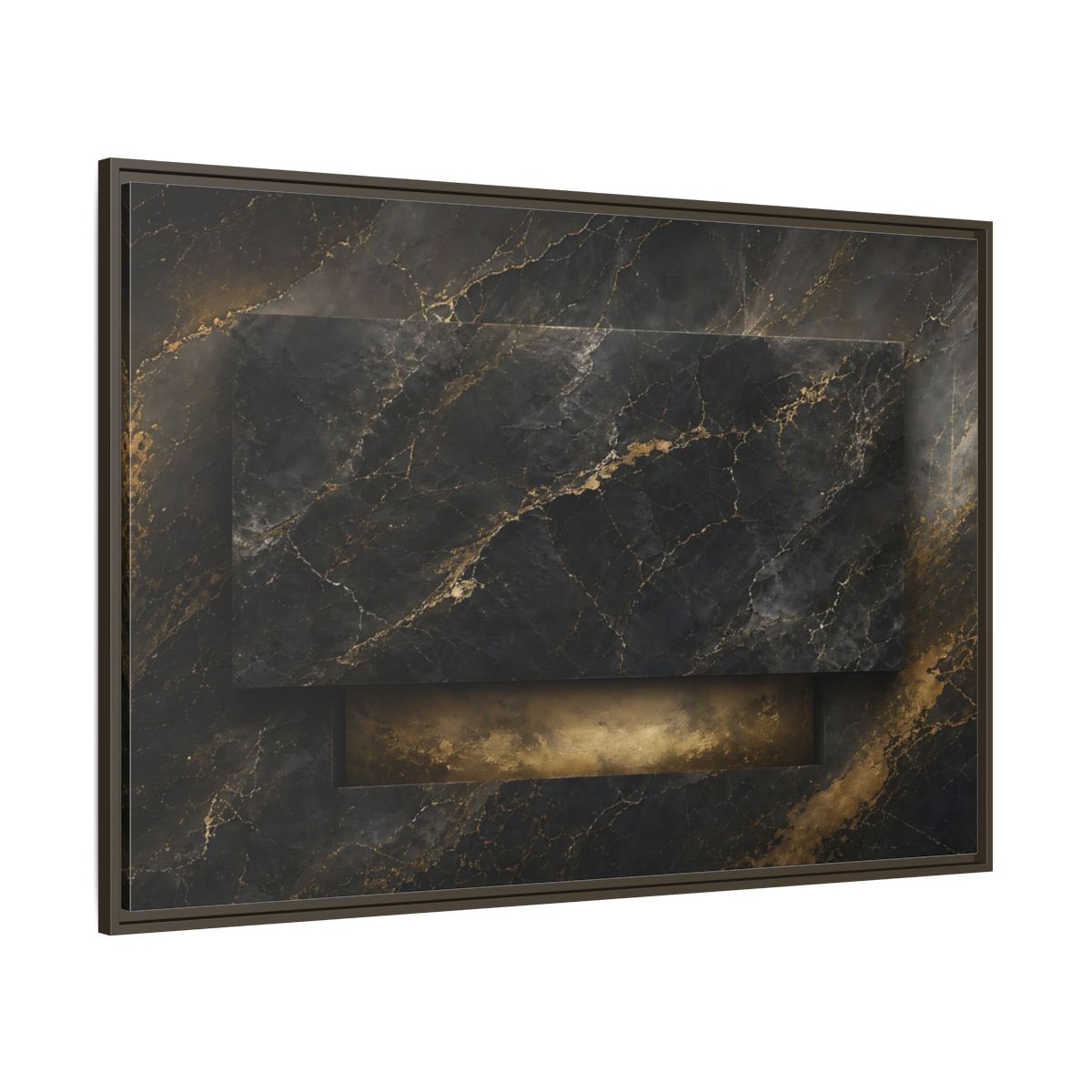 Side Mockup 8. Abstract Marble Black And Gold Marble shown as stretched canvas wall art