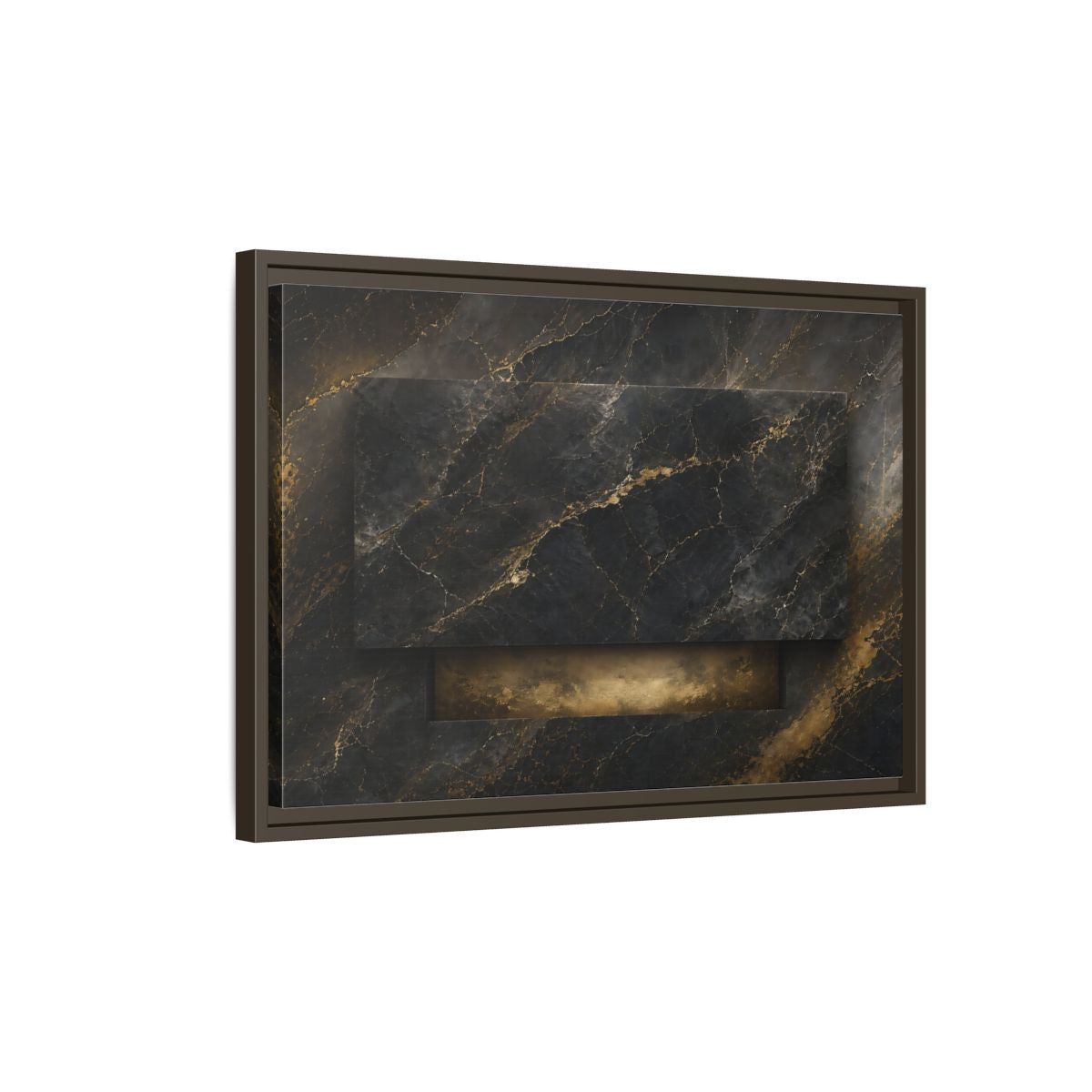 Side Mockup 2. Abstract Marble Black And Gold Marble shown as stretched canvas wall art