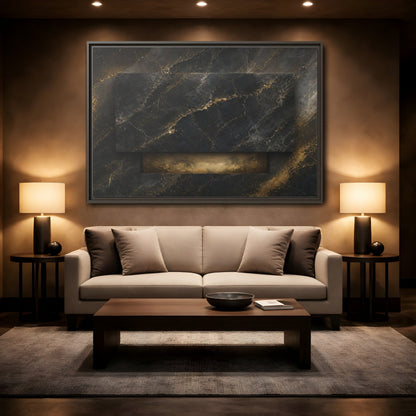 Mockup 2. Abstract Marble Black And Gold Marble shown as stretched canvas wall art
