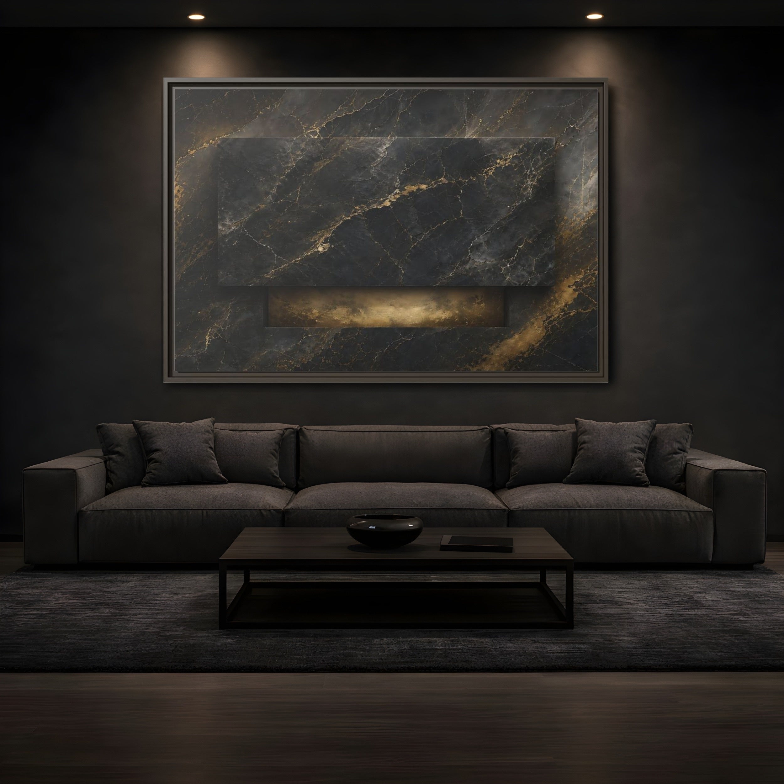 Mockup 3. Abstract Marble Black And Gold Marble shown as stretched canvas wall art