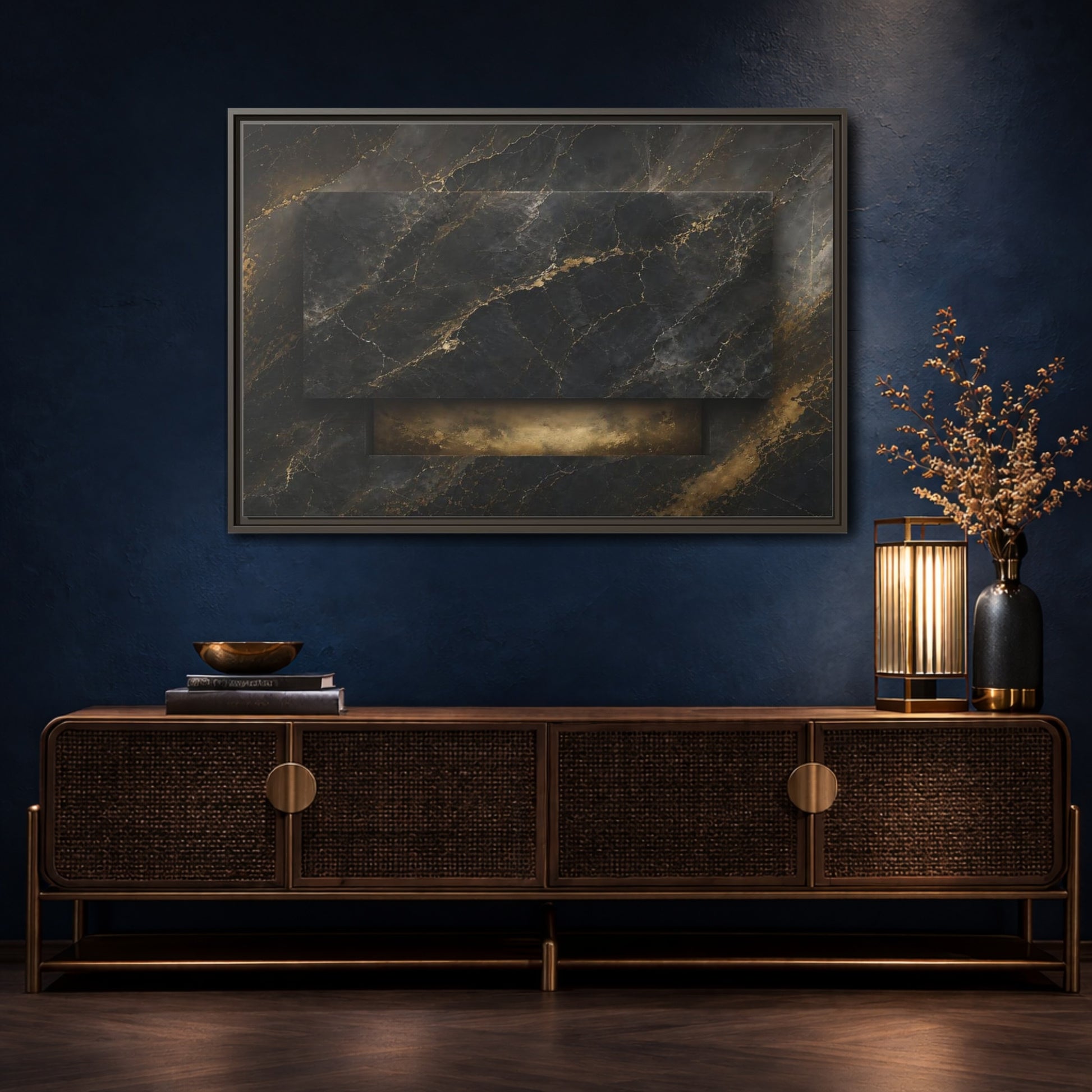 Mockup 4. Abstract Marble Black And Gold Marble shown as stretched canvas wall art