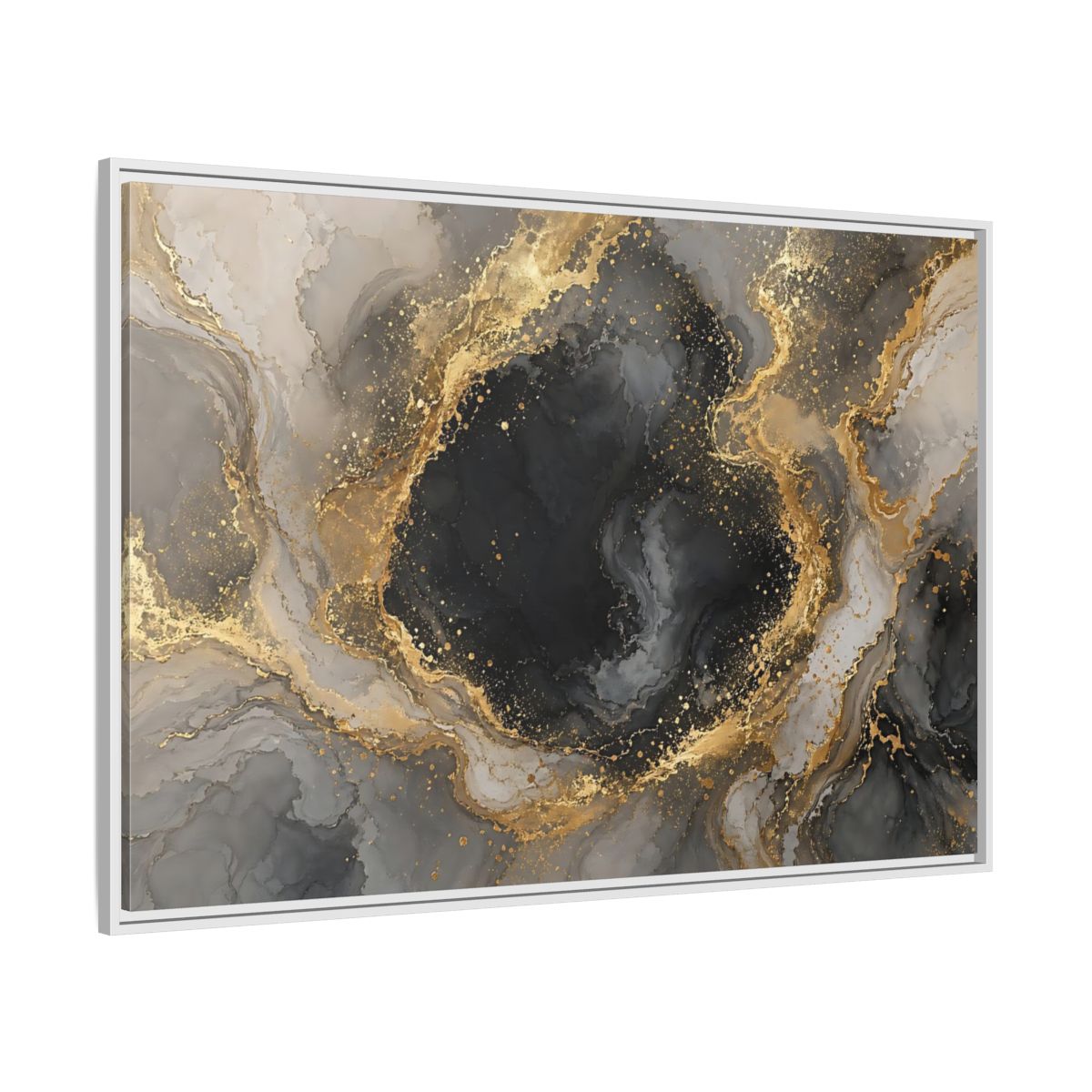 Side Mockup 7. Abstract Abstract Marble Black Gold Marble shown as stretched canvas wall art