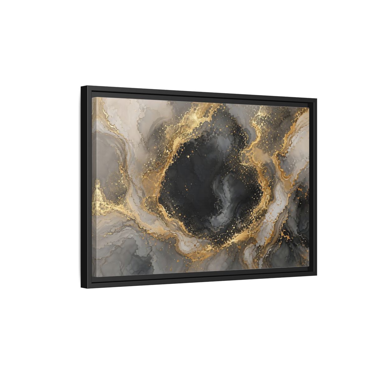 Side Mockup 3. Abstract Abstract Marble Black Gold Marble shown as stretched canvas wall art