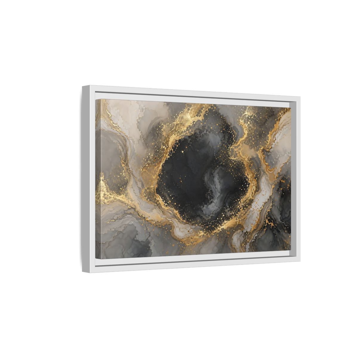 Side Mockup 4. Abstract Abstract Marble Black Gold Marble shown as stretched canvas wall art