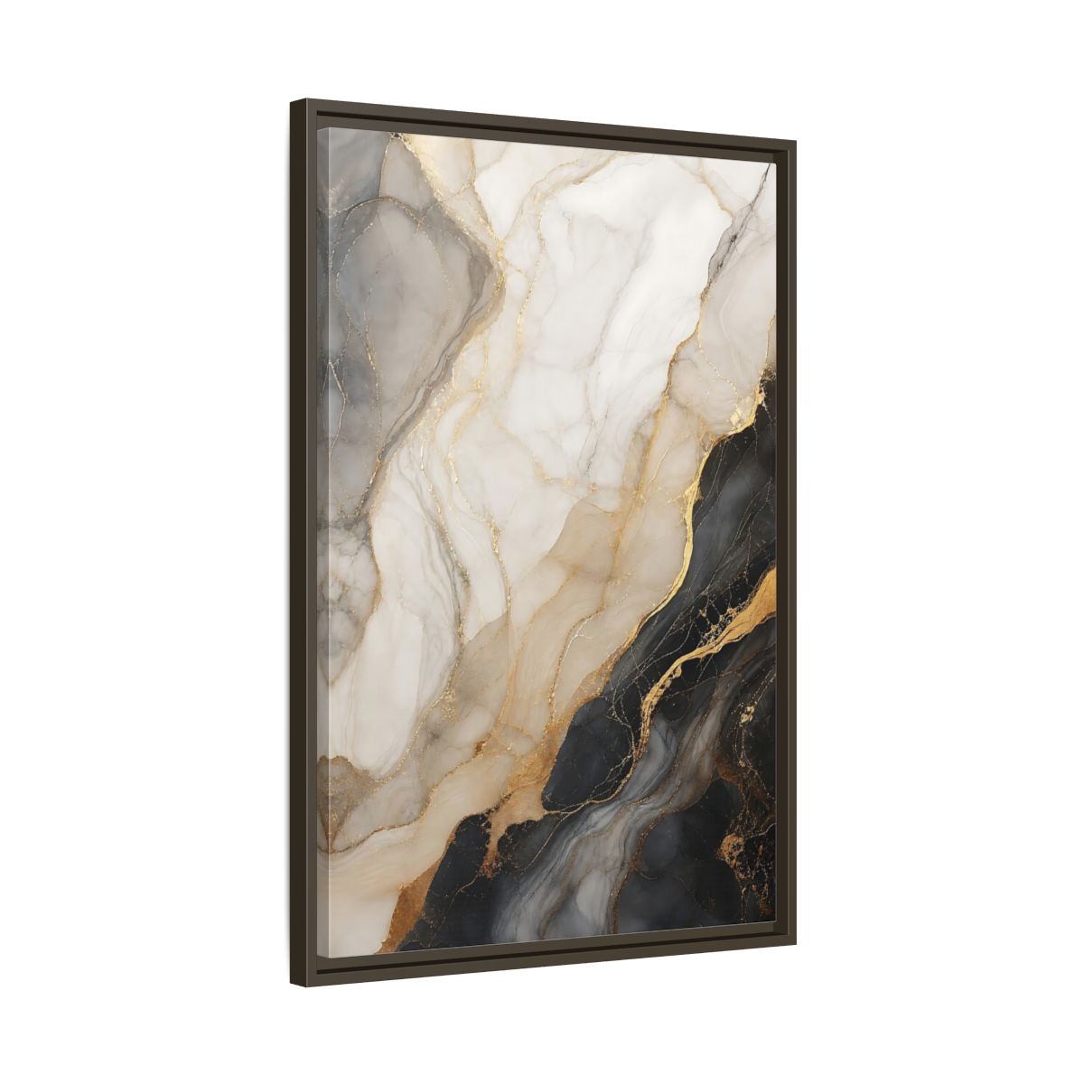 Side Mockup 11. Abstract Marble Black White Gold Marble shown as stretched canvas wall art