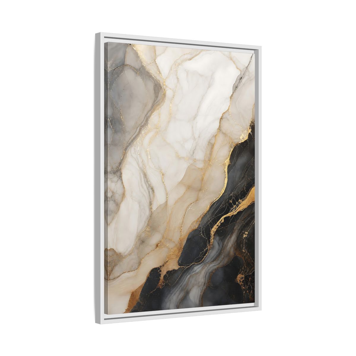 Side Mockup 10. Abstract Marble Black White Gold Marble shown as stretched canvas wall art