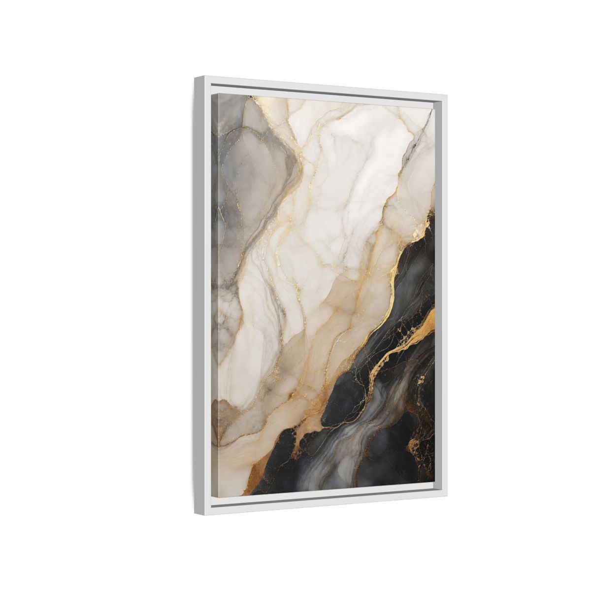 Side Mockup 1. Abstract Marble Black White Gold Marble shown as stretched canvas wall art