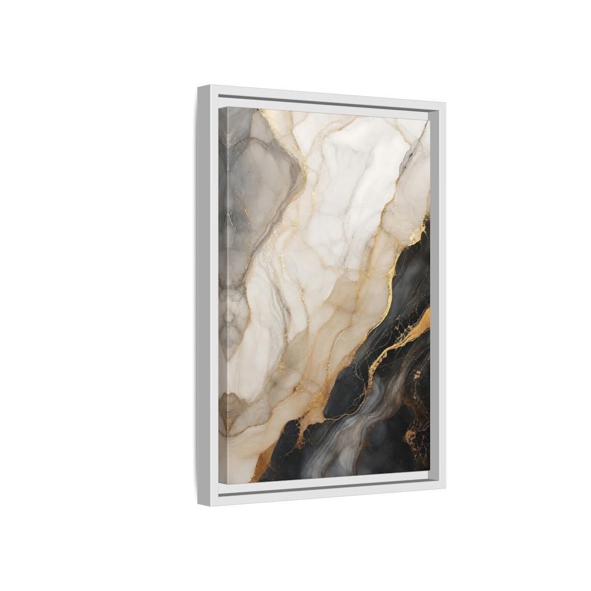 Side Mockup 4. Abstract Marble Black White Gold Marble shown as stretched canvas wall art