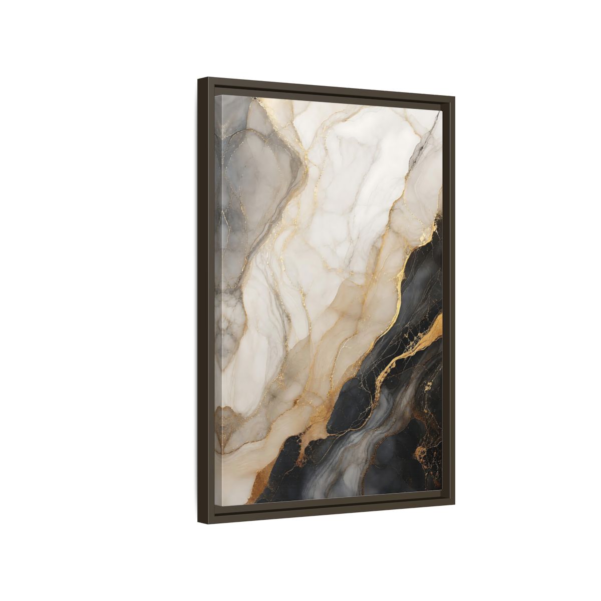 Side Mockup 2. Abstract Marble Black White Gold Marble shown as stretched canvas wall art