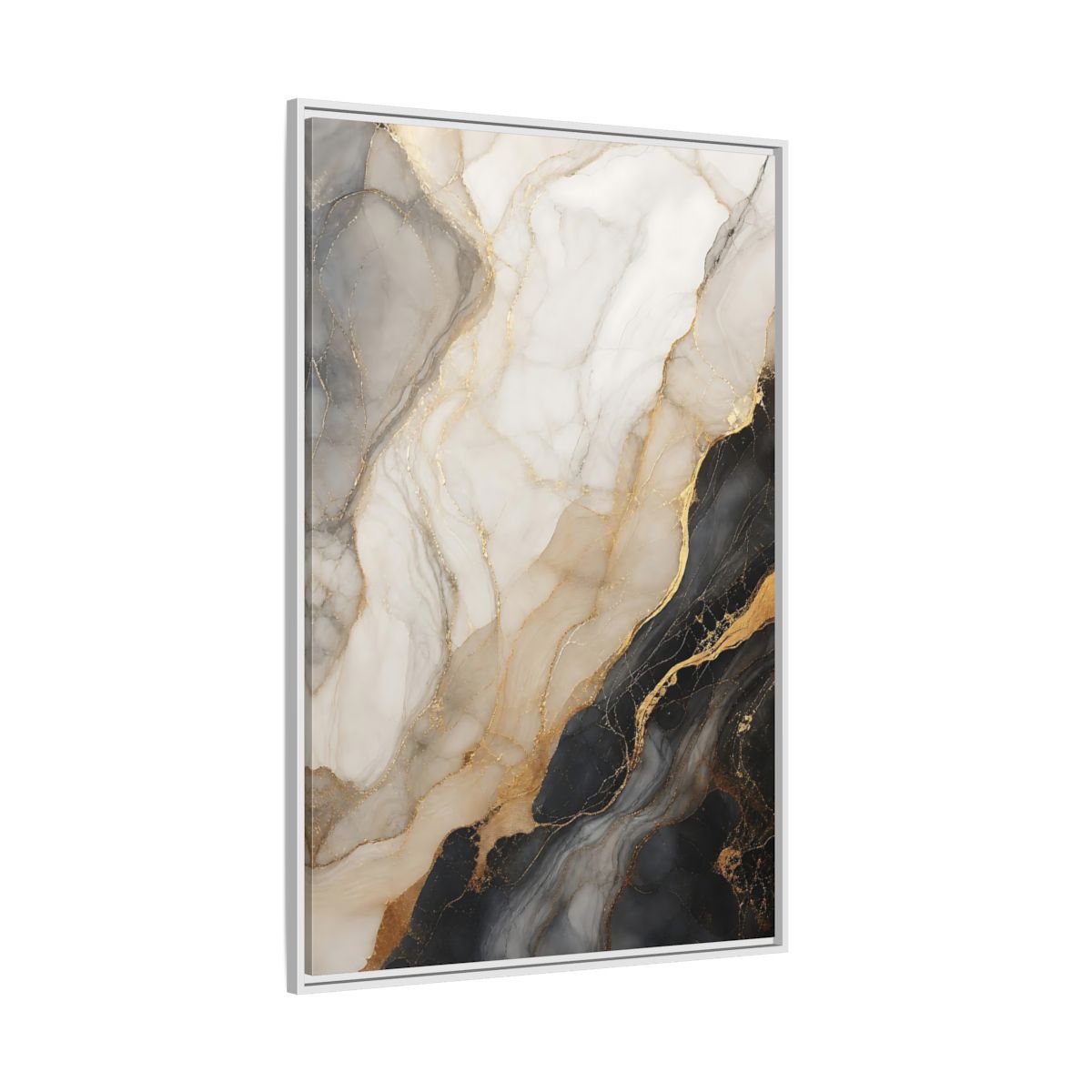 Side Mockup 7. Abstract Marble Black White Gold Marble shown as stretched canvas wall art