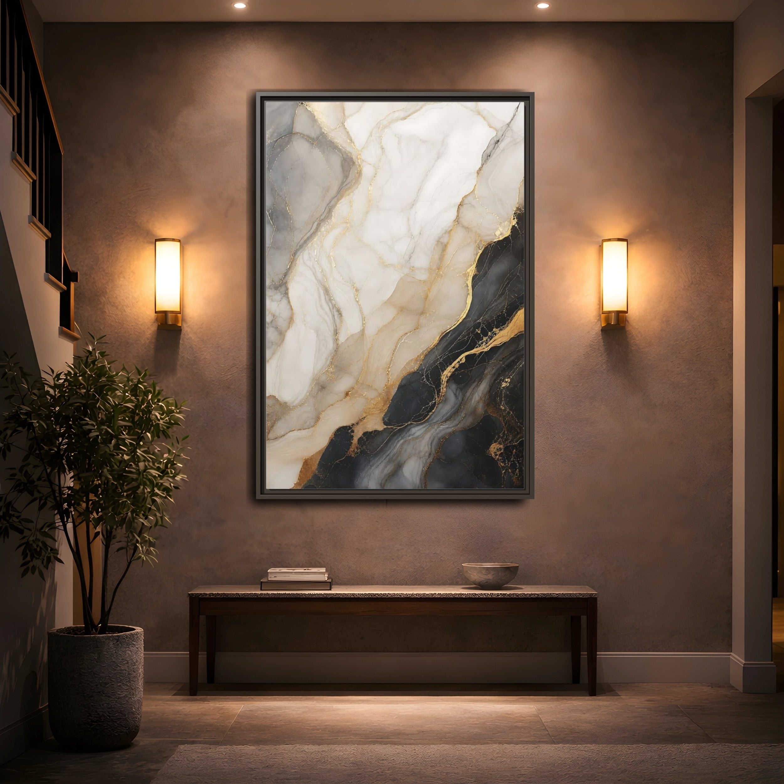 Mockup 2. Abstract Marble Black White Gold Marble shown as stretched canvas wall art