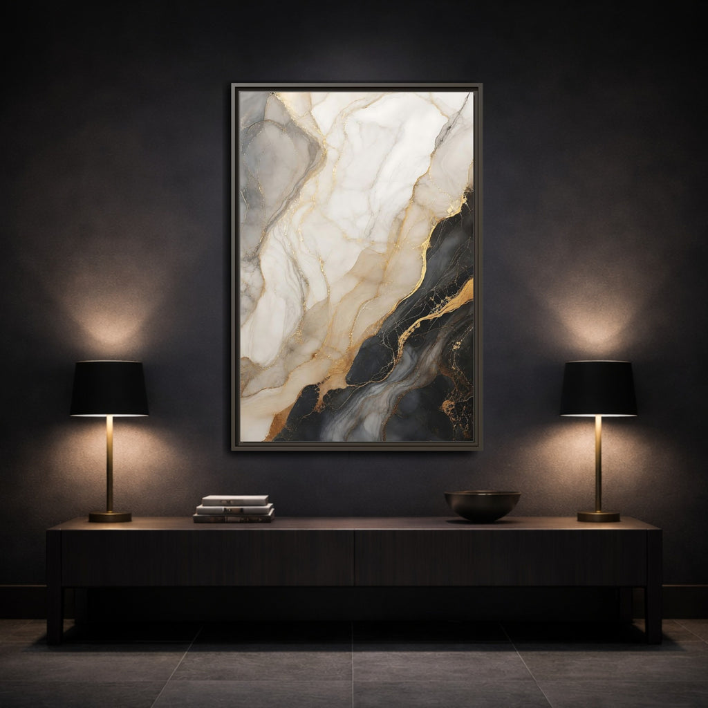 Mockup 3. Abstract Marble Black White Gold Marble shown as stretched canvas wall art