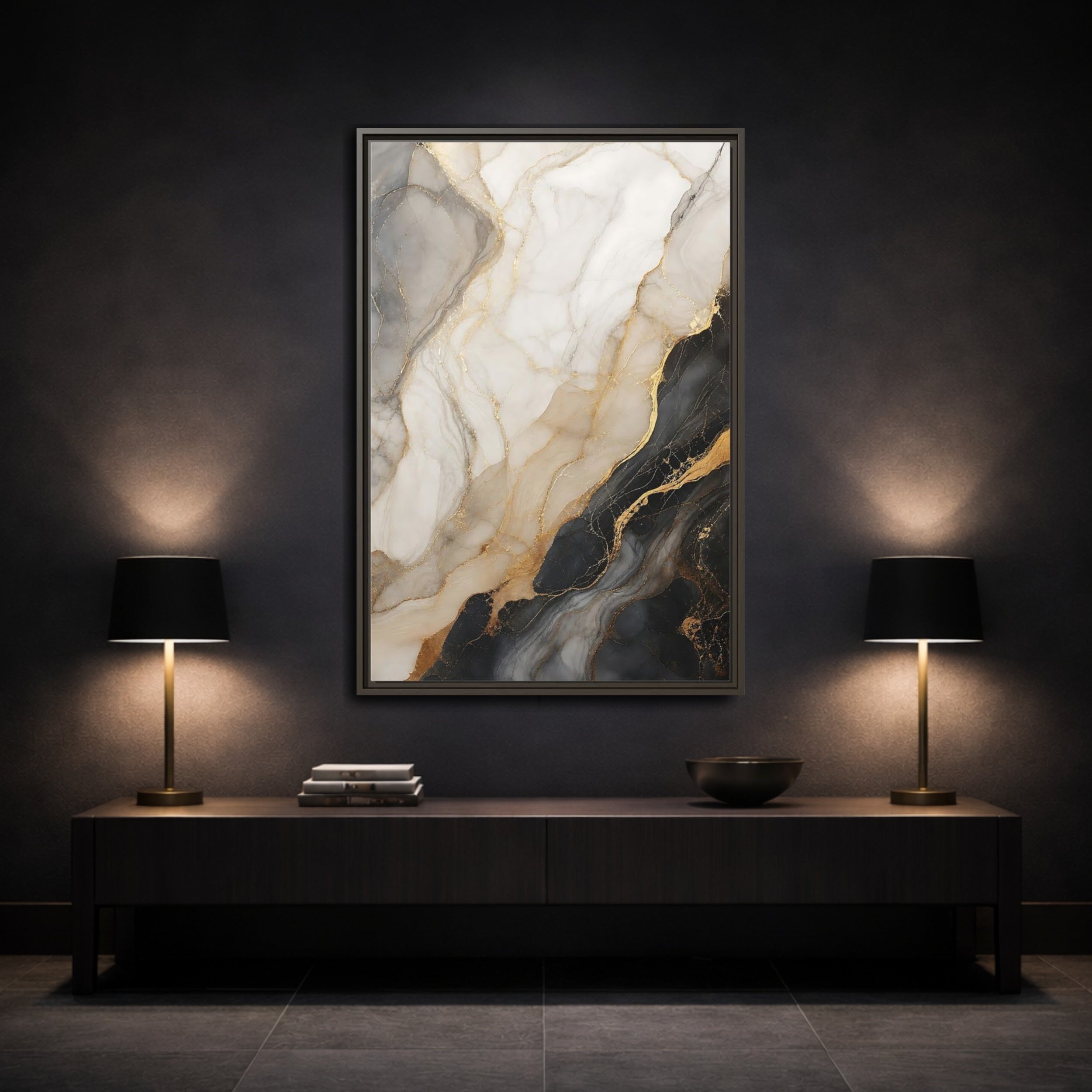 Mockup 3. Abstract Marble Black White Gold Marble shown as stretched canvas wall art