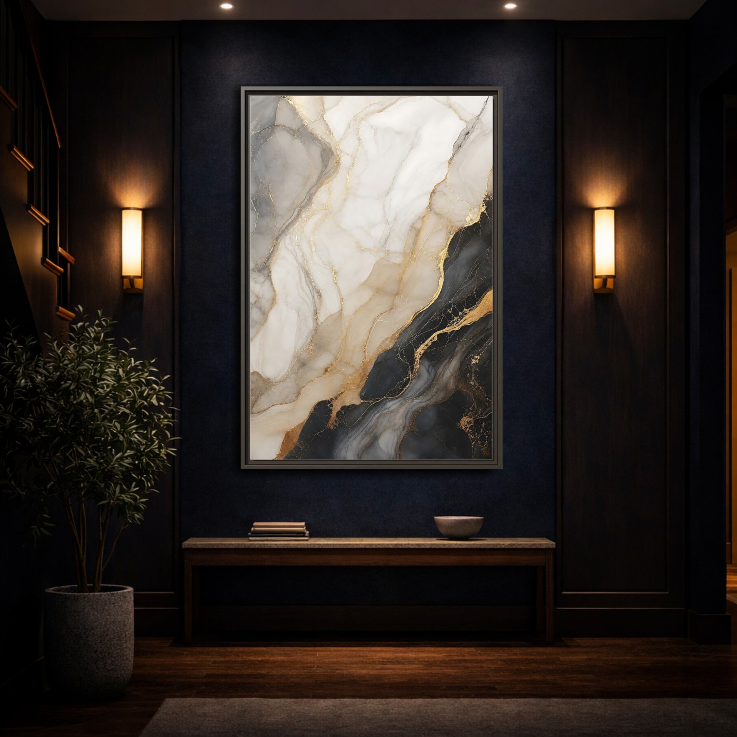 Mockup 4. Abstract Marble Black White Gold Marble shown as stretched canvas wall art