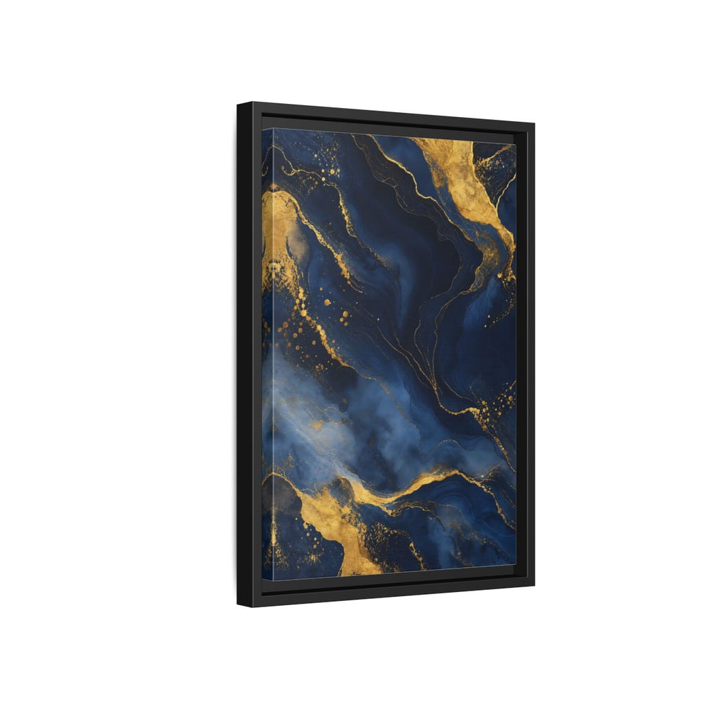 Side Mockup 6. Abstract Abstract Marble Blue And Gold shown as stretched canvas wall art