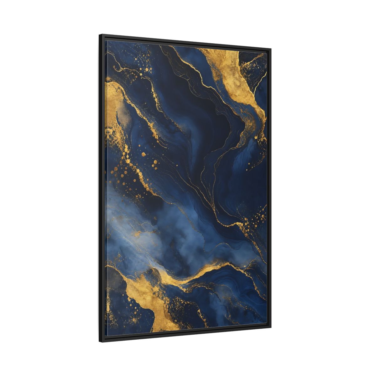Side Mockup 12. Abstract Abstract Marble Blue And Gold shown as stretched canvas wall art