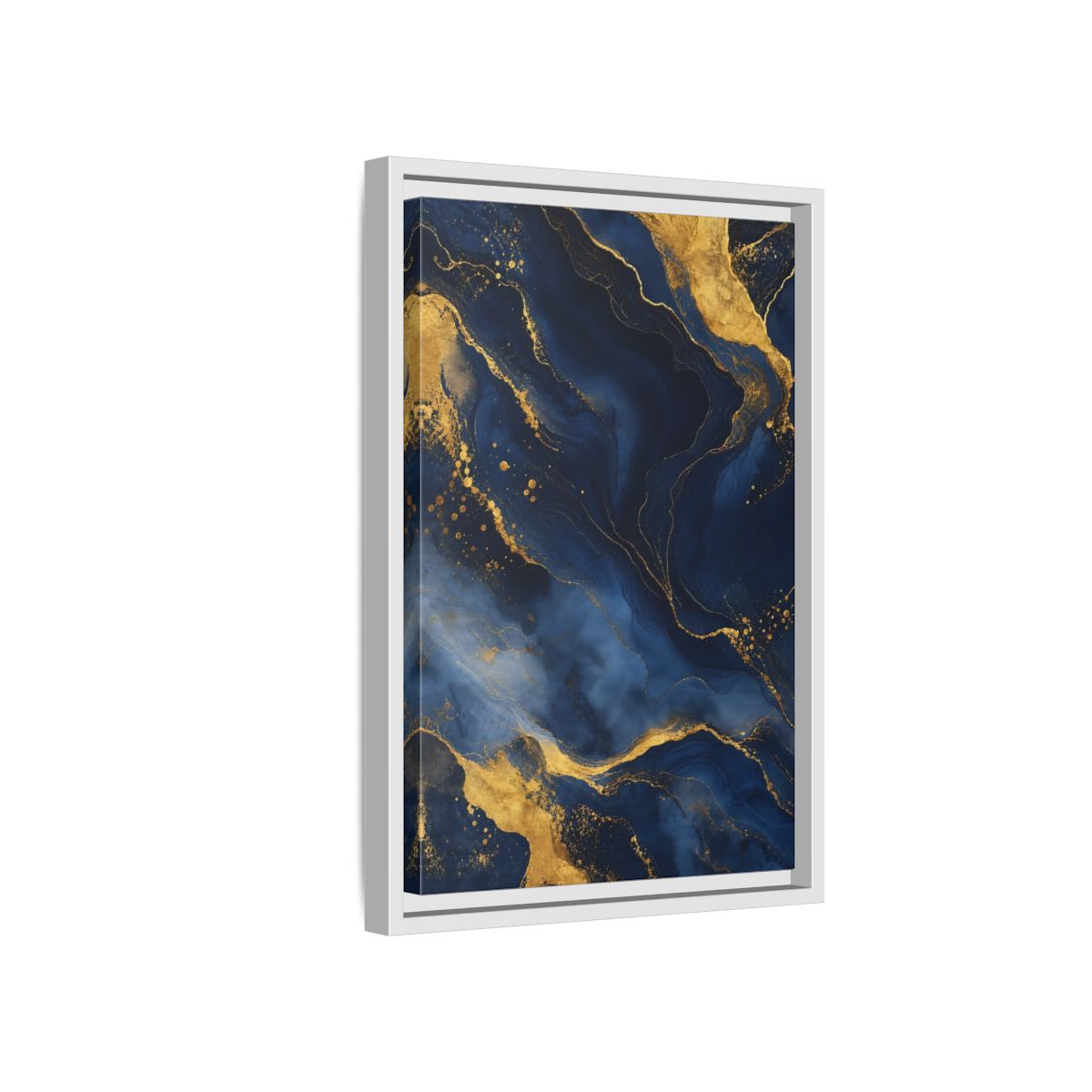 Side Mockup 4. Abstract Abstract Marble Blue And Gold shown as stretched canvas wall art