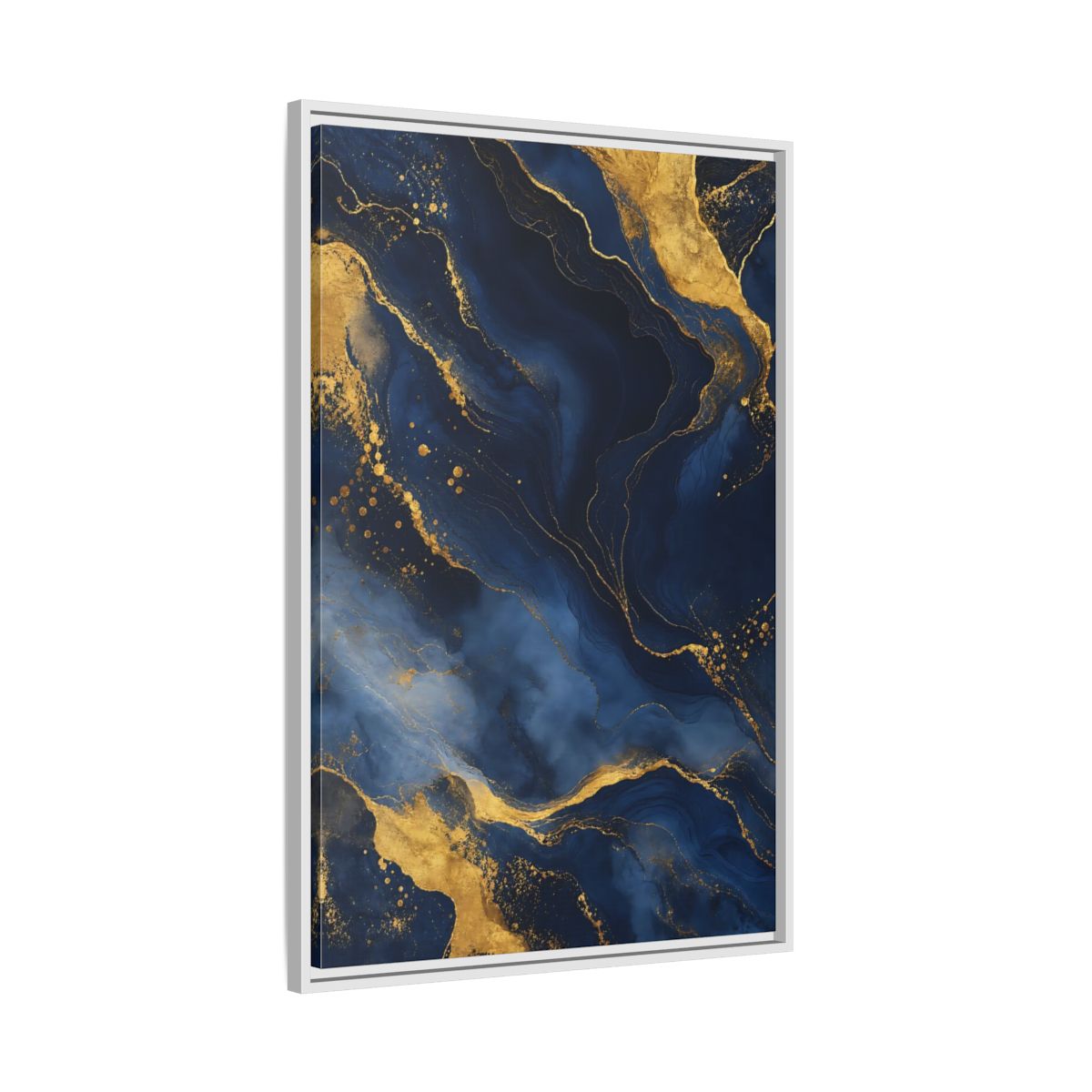 Side Mockup 9. Abstract Abstract Marble Blue And Gold shown as stretched canvas wall art