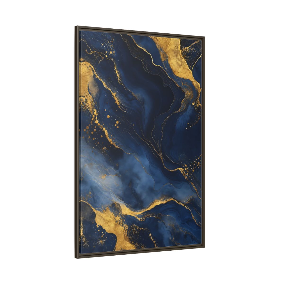 Side Mockup 8. Abstract Abstract Marble Blue And Gold shown as stretched canvas wall art